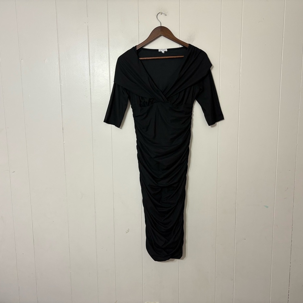 Kiyonna Faux Wrap Ruched Gala Midi Dress Black Size 0